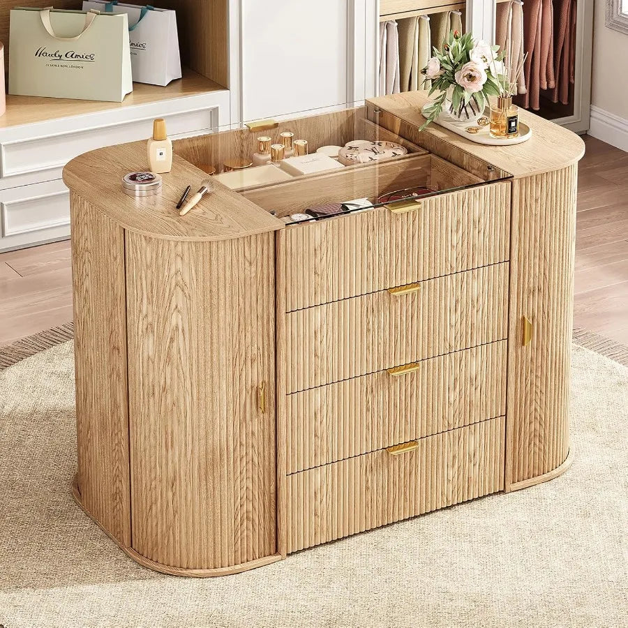 Tambour Closet Island with 8 Drawers 8 Large Storage SpaceBedroom Armoire Island with Glass Top Freestanding Wardrobe Closet Di