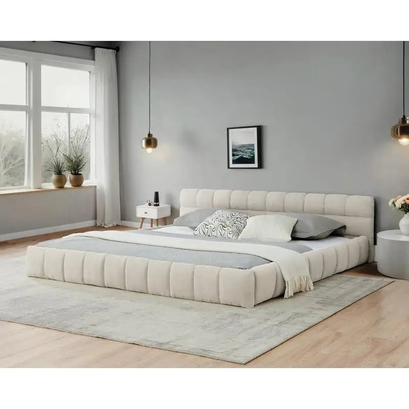 California King Upholstered Bed Frame with Thick Chenille Fabric, Grounded Queen Size Platform Bed with Headboard, Solid Frame,
