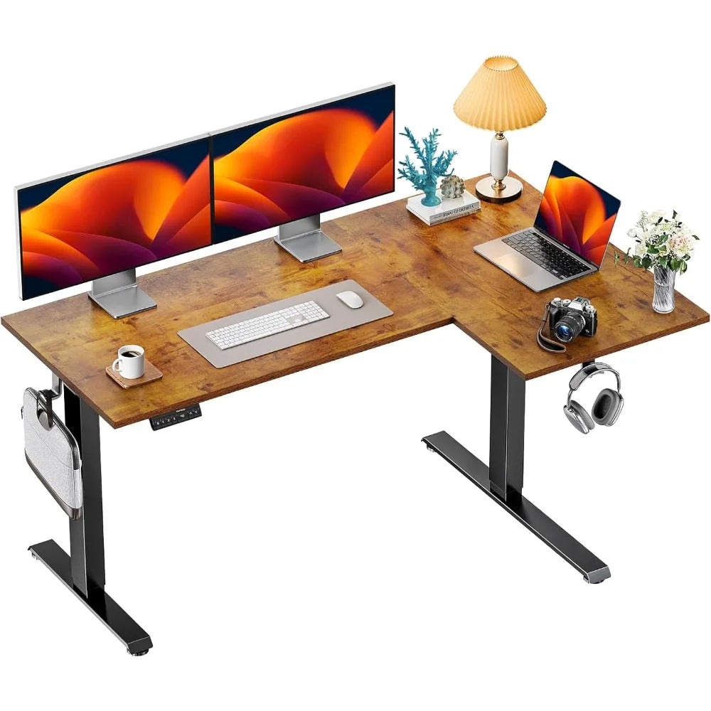 L-Shaped Dual Motor Electric Desk with 3 Adjustable Heights, Computer Desk with 2 Hooks