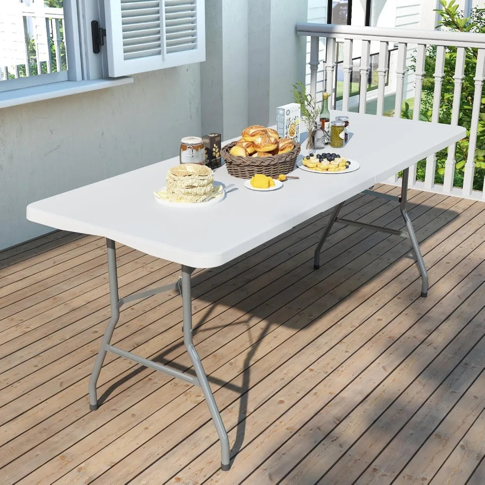 Foldable Table 6ft, Plastic Folding Table, Portable Heavy Duty Dining Table with Lock Function & Carrying Handle, Outdoor Indoor