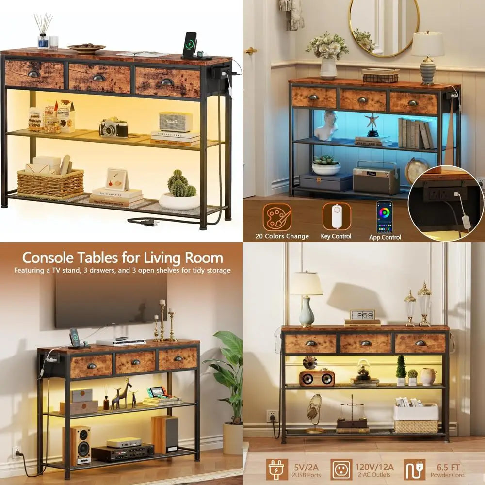 Furologee Console Table with Charging Station & 3 Fabric Drawers, 38'' Entryway Table with Storage Shelves and LED Light for Ent