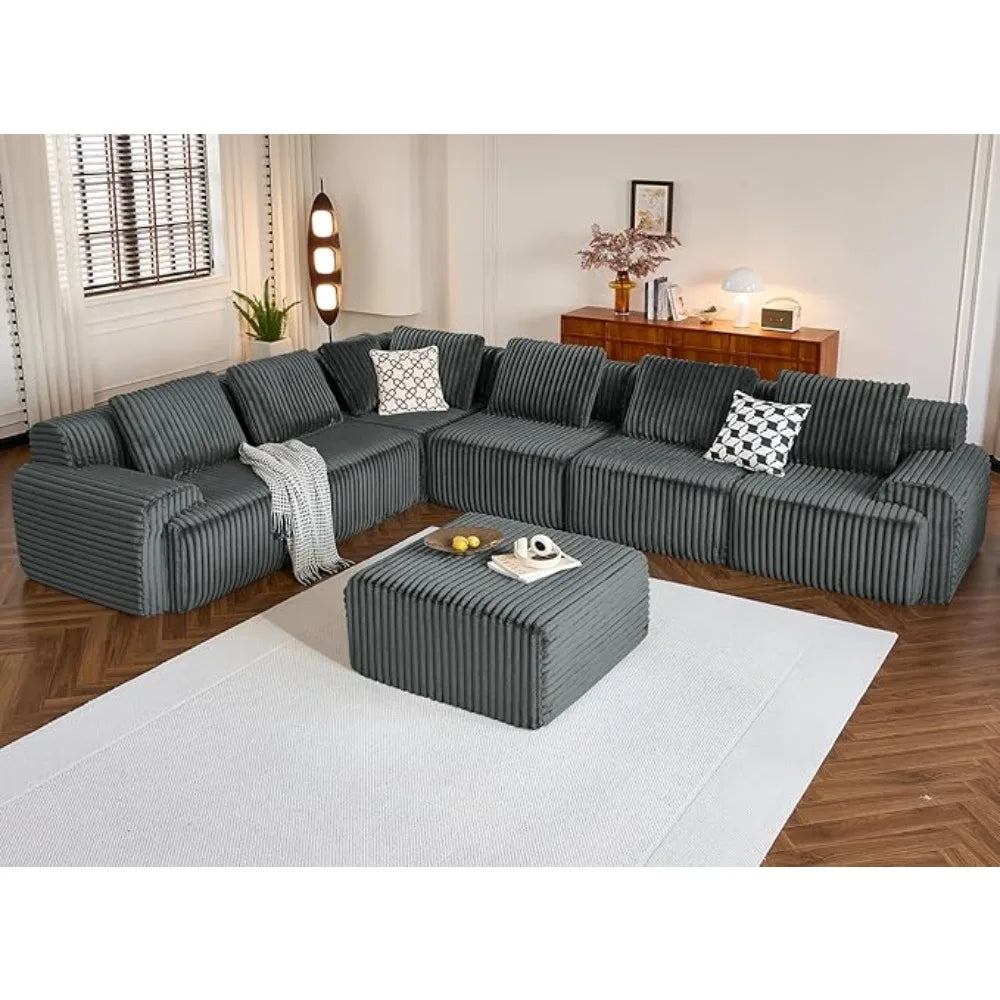 Oversized Boneless Couches for Living Room, V-Shaped 7-Seat Sofa Modular Sectional Sofa, Plush Corduroy Sectional Couches