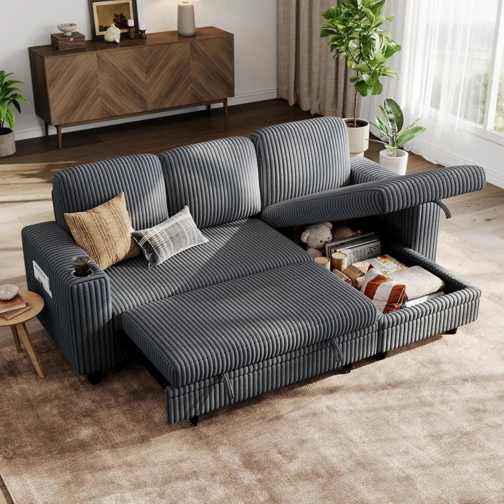 Sectional Sleeper Sofa with Pull Out Couch Bed Convertible Plush Corduroy Cloud Couch with Storage Chaise & USB Charging, Comfy