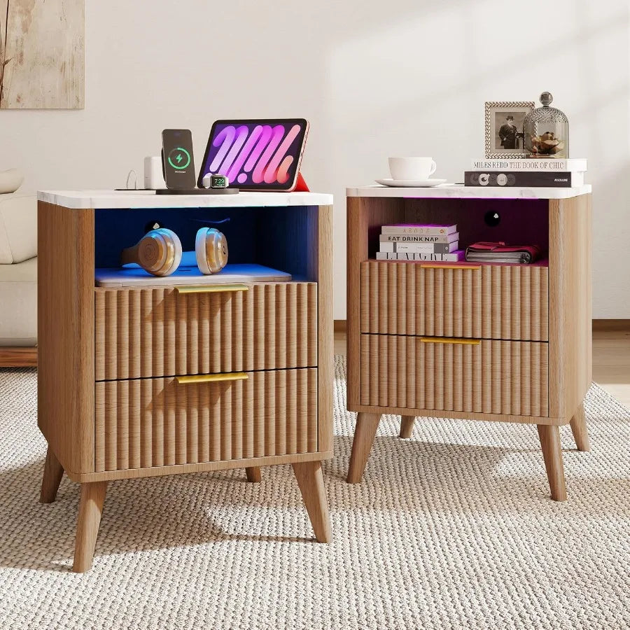 Night Stand Set of 2 18 Large Fluted LED Nightstand with Charging Station Wood Bedside Table with Faux Marble Top 2 Drawers Ope