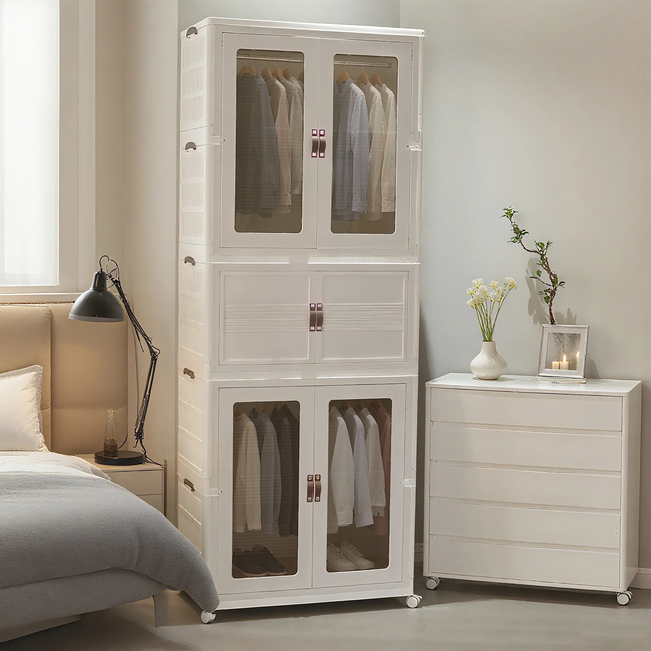 Stackable storage box with wheels, foldable storage box with doors, suitable for home and office, rental house, apartment wardro