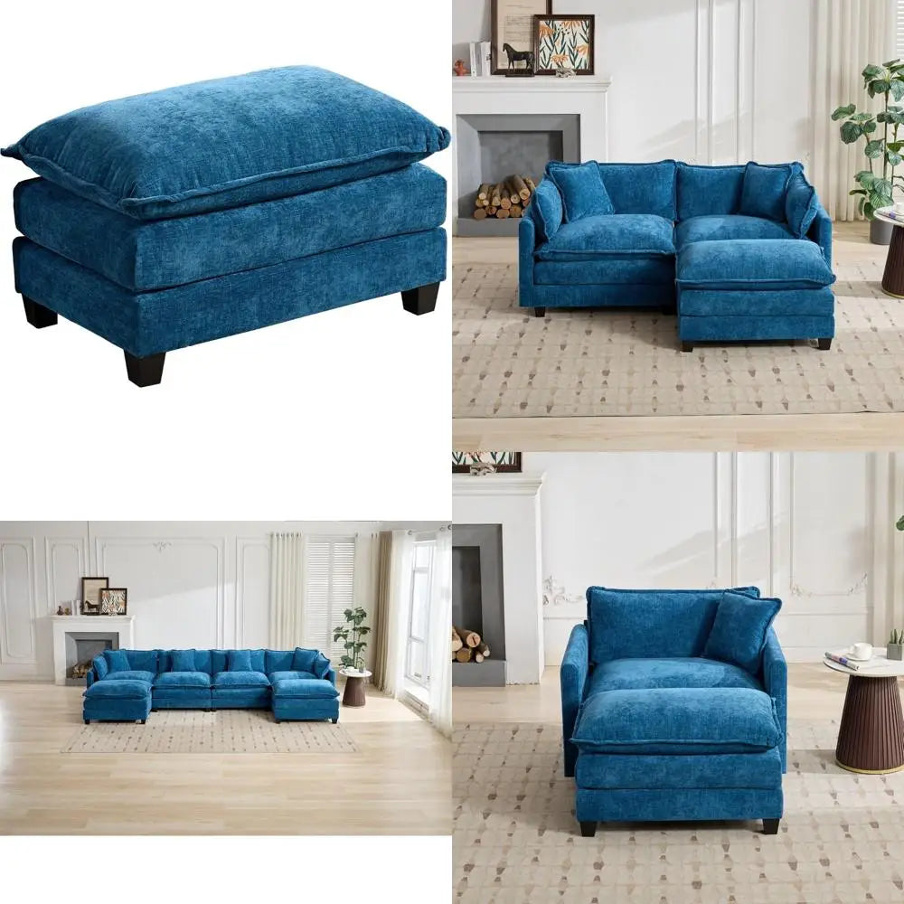 Blue Chenille Sectional Sofa with Ottoman - Comfortable and Stylish Living Room Furniture for Relaxation