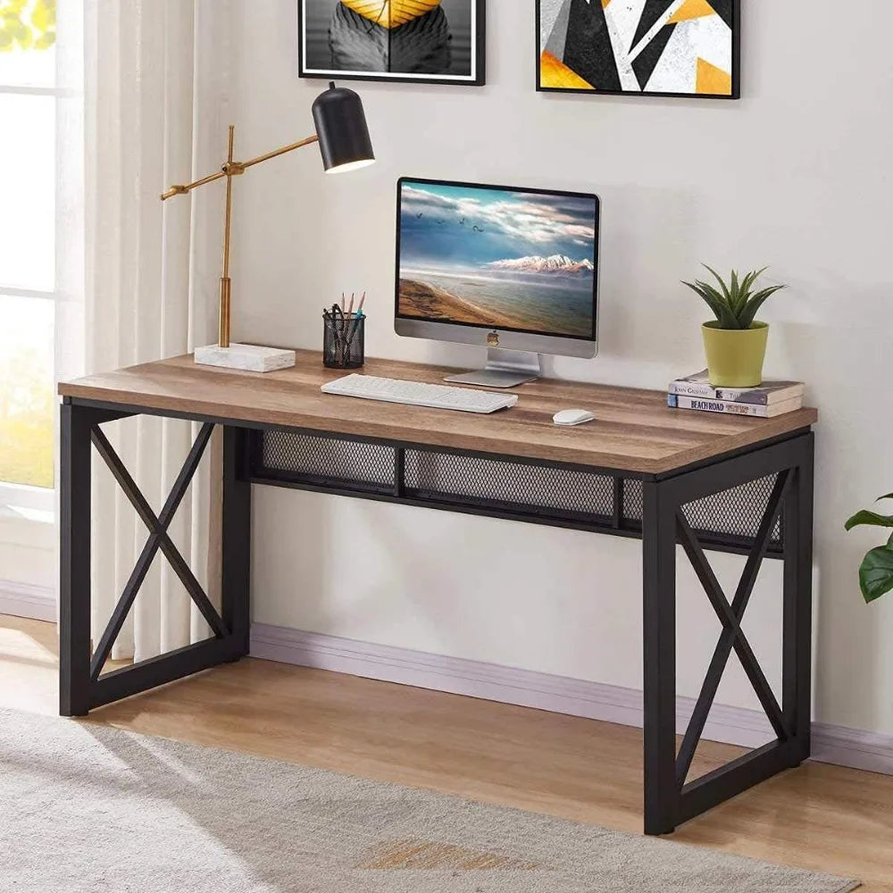 Vintage Oak 60-Inch Rustic Farmhouse Metal and Wood Computer Desk