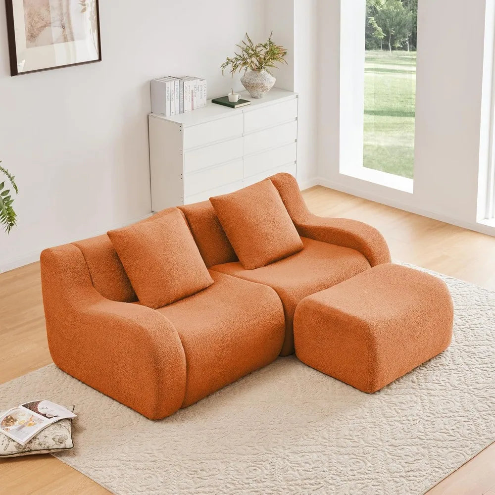 Modular Sectional Sofa for Living Room, 82.7" L-Shaped Loveseat Cloud Couch with Movable Ottoman, 2-Seat Teddy Fabric Boneless