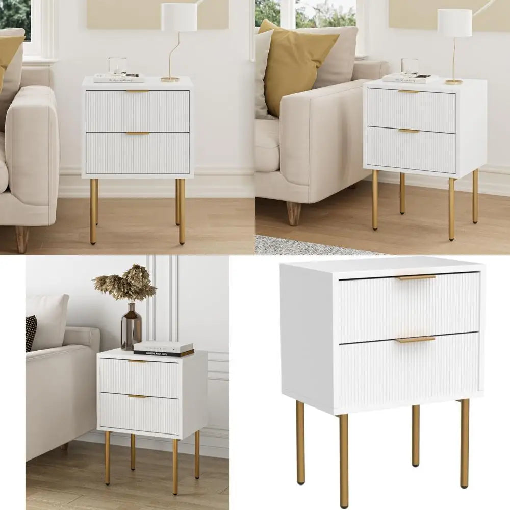 Masupu Nightstand,Mid-Century Modern Bedside Table with 2 Storage Drawer,Small Gold Frame Side End Table for Bedroom,Living Room