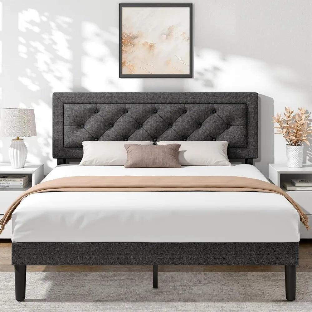 BedsPick Queen Size Bed Frame with Headboard, Upholstered Bed Frame with Button Tufted, Platform Bed with Wood Slat Support,Nois