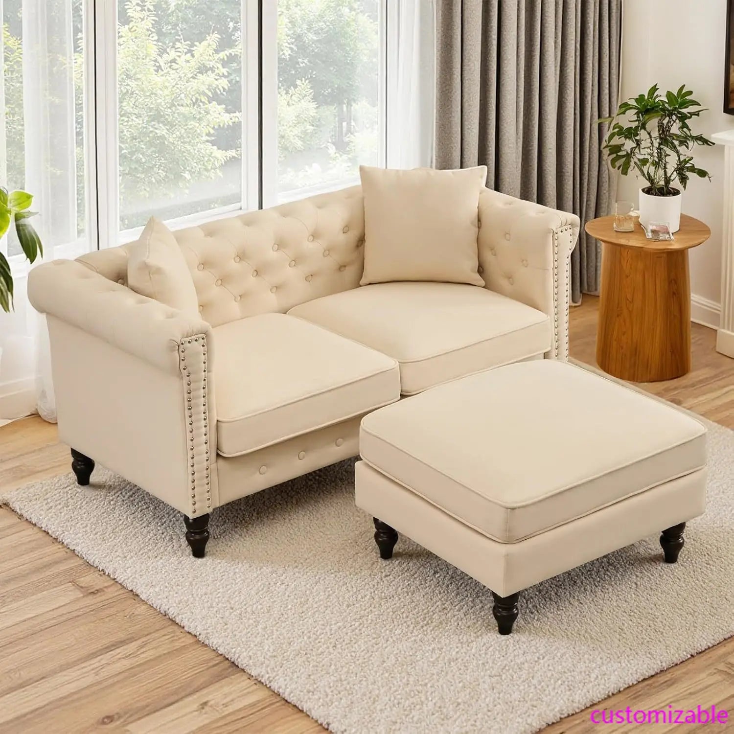 62" Chesterfield Tufted Linen Sofa Couch with Gourd Wooden Legs, Classic Loveseat Sofa Couch with Nailhead Trim and Flared