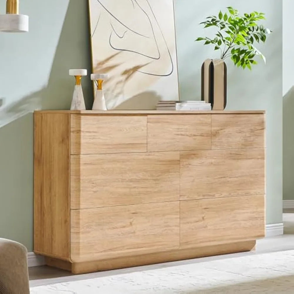 Contemporary 7-Drawer Bedroom Dresser, 52-Inch Wide Handleless Storage Chest, Soft-Close Wood Dresser with TV Stand Capability