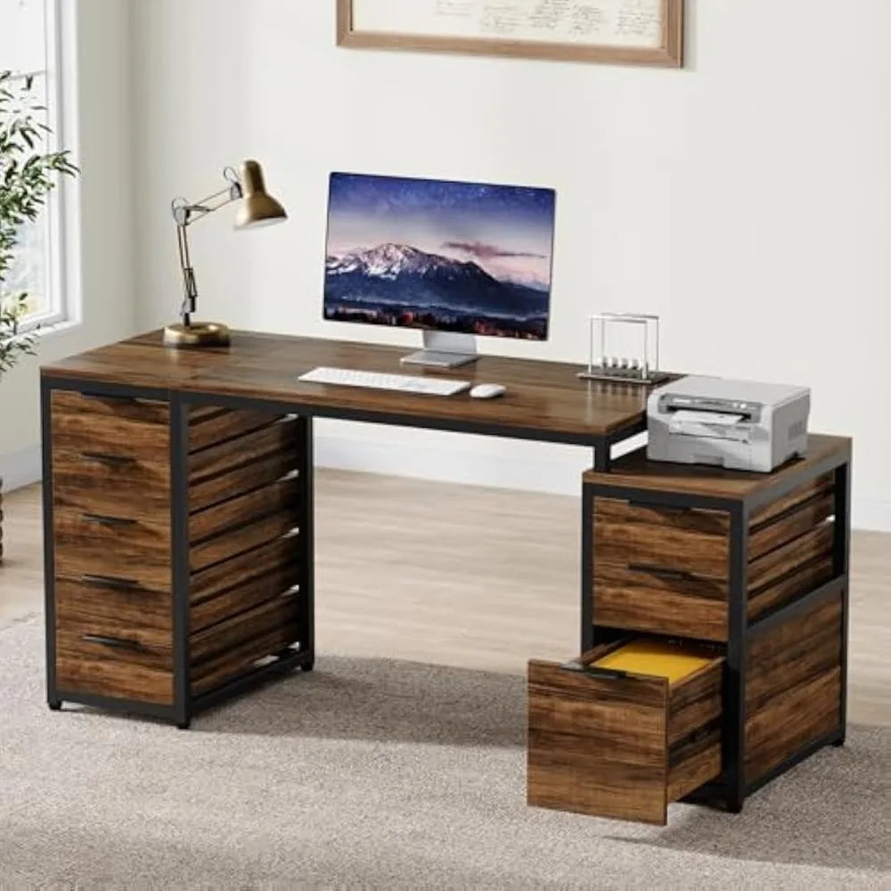 "8-Drawer 63-Inch Office Desk with Reversible File Cabinet and Storage"