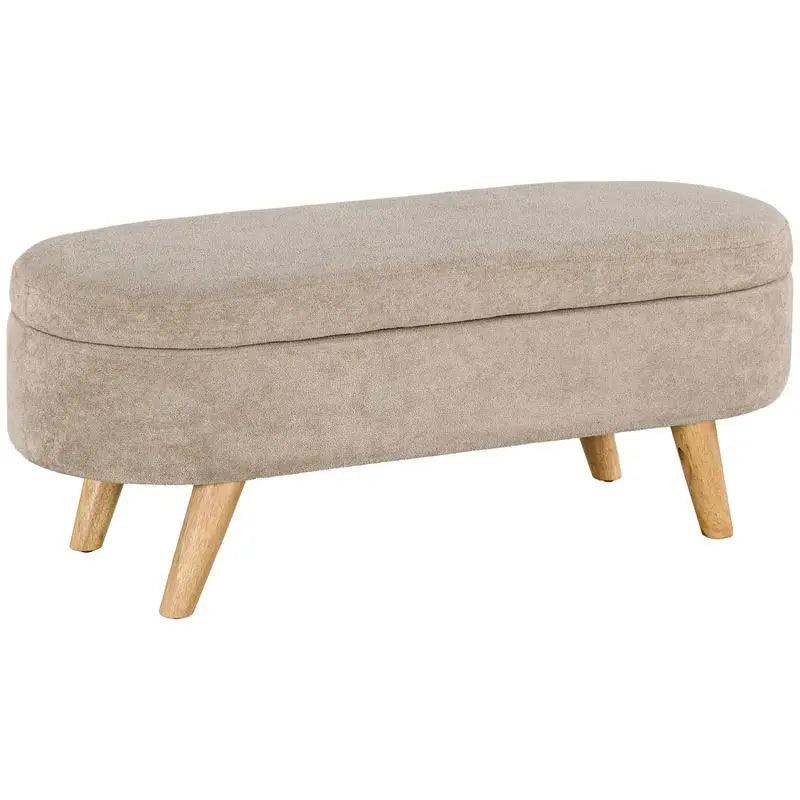 Storage Ottoman Bench, 43.3" Teddy Fleece Upholstered End of Bed Bench with Wooden Legs and Padded Seat, Oval Modern Entryway