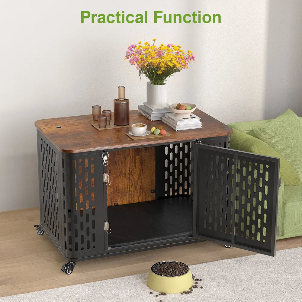 Dog Crate Pet Furniture with Cushion Wood Dog Kennel with Flexible Wheels Multi-Purpose Dog Cage for Large Small Medium Dogs