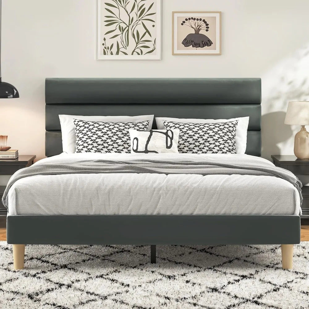 Queen Bed Frame, Platform Bed Frame with Velvet Upholstered Headboard, No Box Spring Needed, Sturdy Metal Support, Noise Free, E
