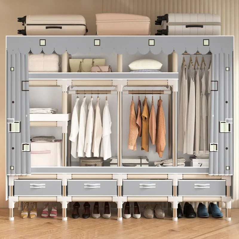 Portable Wardrobe, Freestanding Closet Hanging Organization, Metal Frame with Multicolor Fabric Cover,  Hanging Rods Drawers