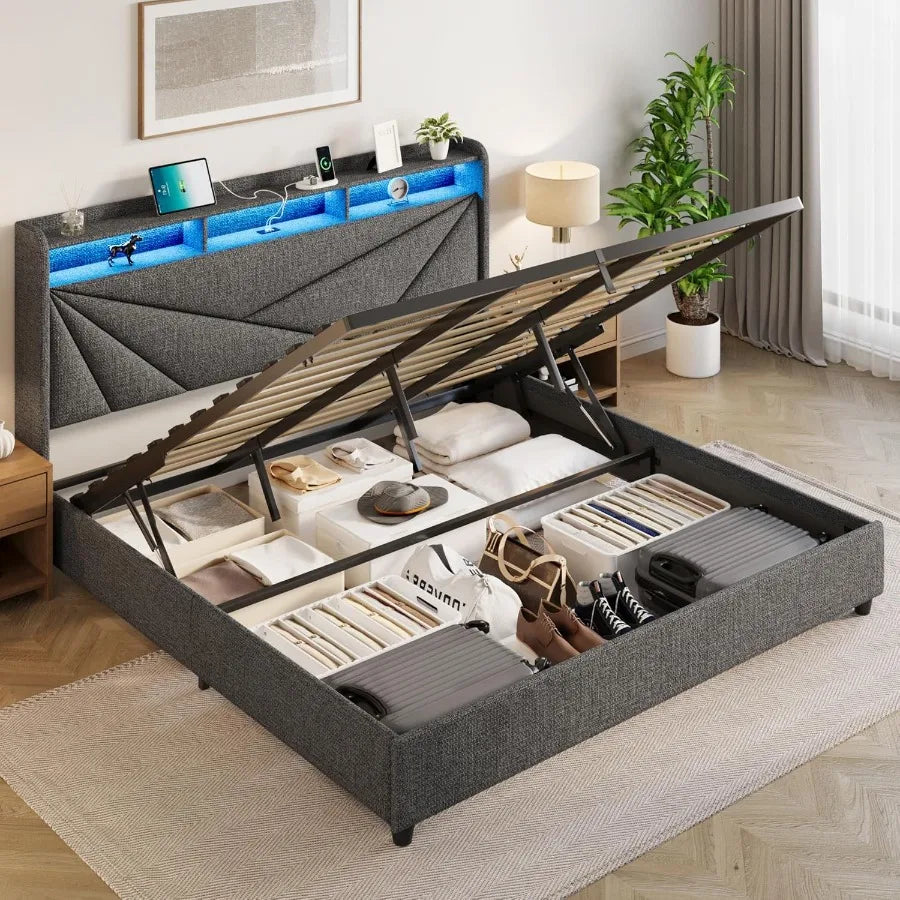 King Size Bed Frame with Storage Lift Up Upholstered King Bed Frame with Charging Stationd LED Lights Headboard No Box Spring e