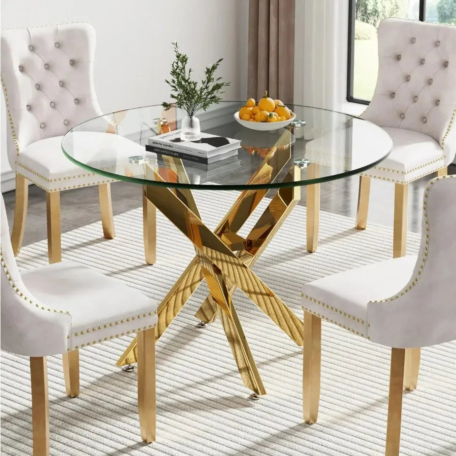 Modern Round Dining Table for 4 36 Circle Glass Kitchen Dining Room Table with Gold Metal Cross Legs Tempered Glass Tabletop Pe