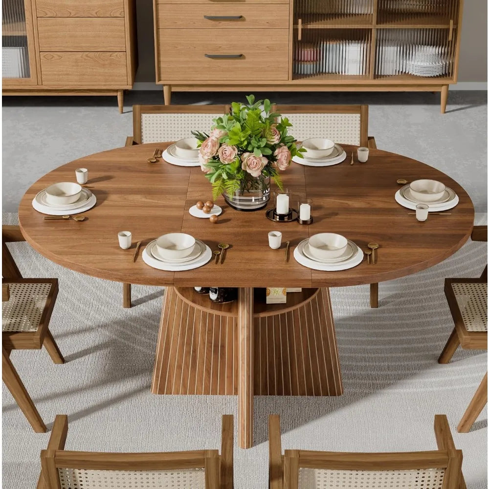 Round Expandable Dining Table, 43-59 Inches, Seats 4-8, Modern Oval Kitchen Table with Fluted Base