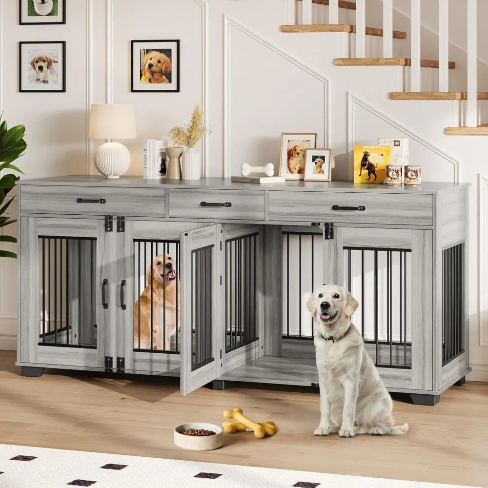 Wooden Double Dog Crate for Large Breeds - 71 Inch Furniture, Indoor Kennel with Door, TV Stand and End Table Combo