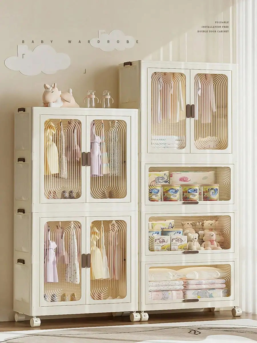 Plastic Wardrobe Closet, 27.6" Wide Stackable Storage Bins With Lids, Multi-layer Collapsible Storage Drawer Bin with Wheels