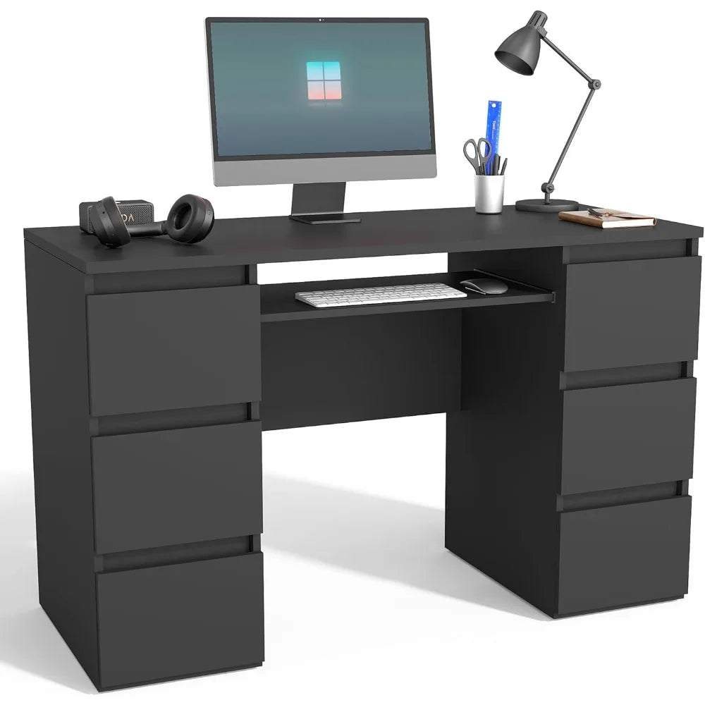 "Modern Black Gaming Desk with Storage Drawers and Shelves for Bedroom and Study"