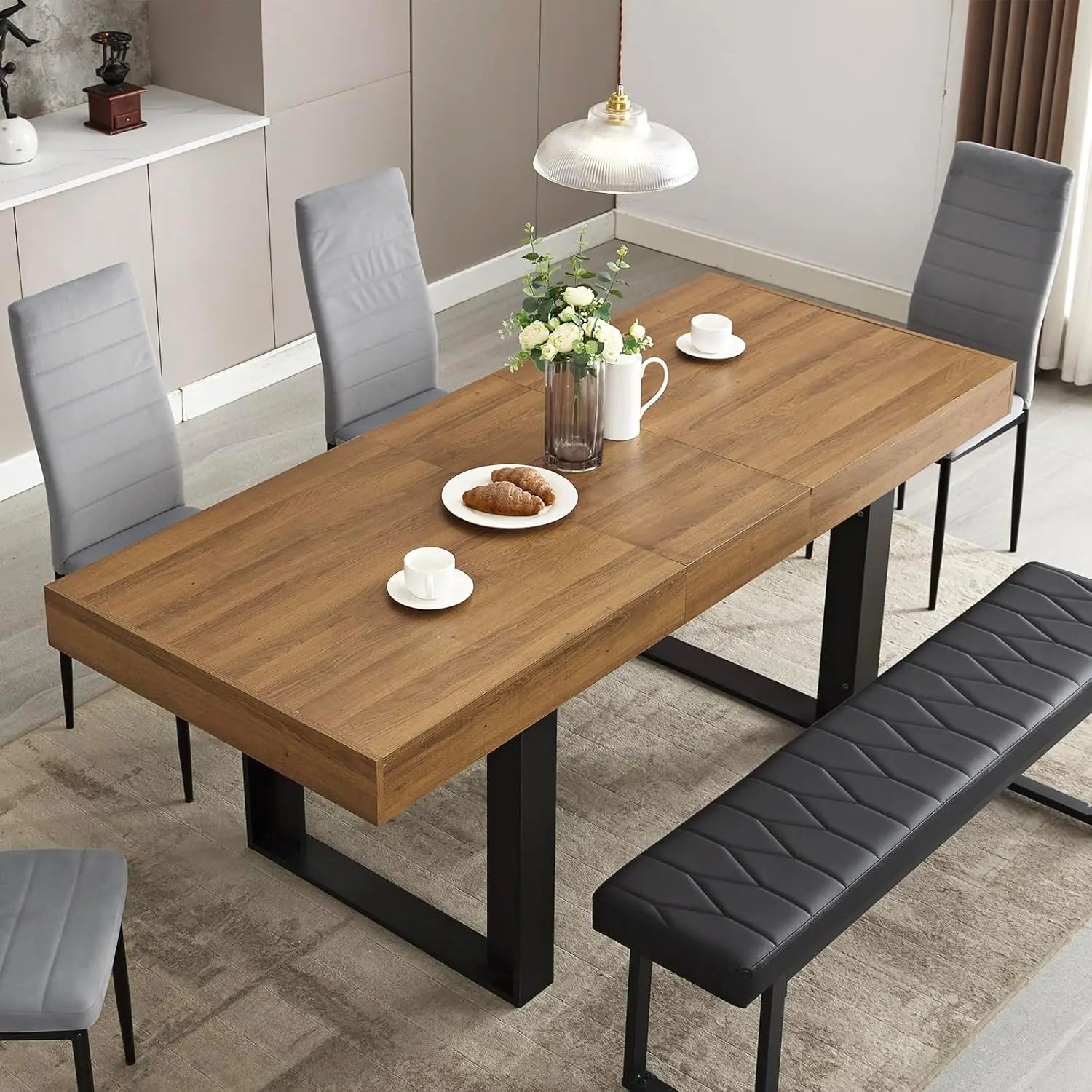 Modern Farmhouse Style Extendable Dining Table for 6-10 People, 63-79 Long Wooden Kitchen Table