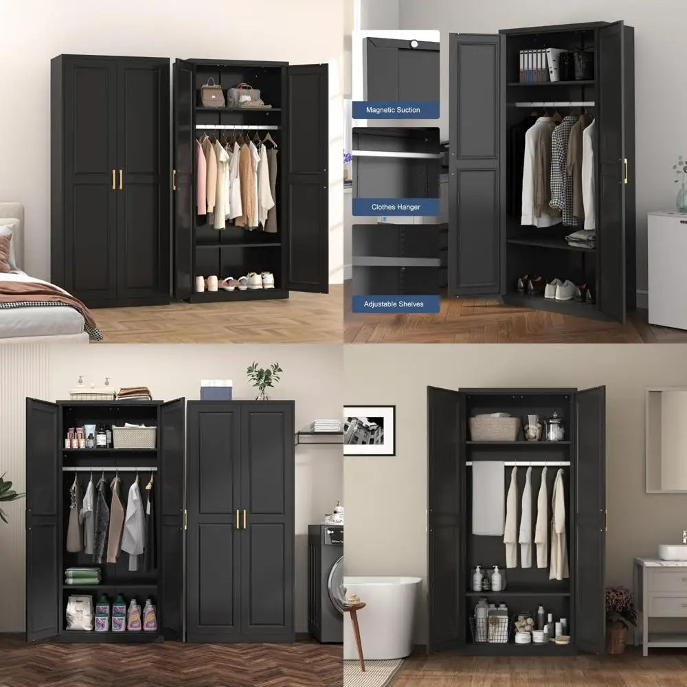 Contemporary Black Metal Wardrobe with Hanging Space and Adjustable Shelving