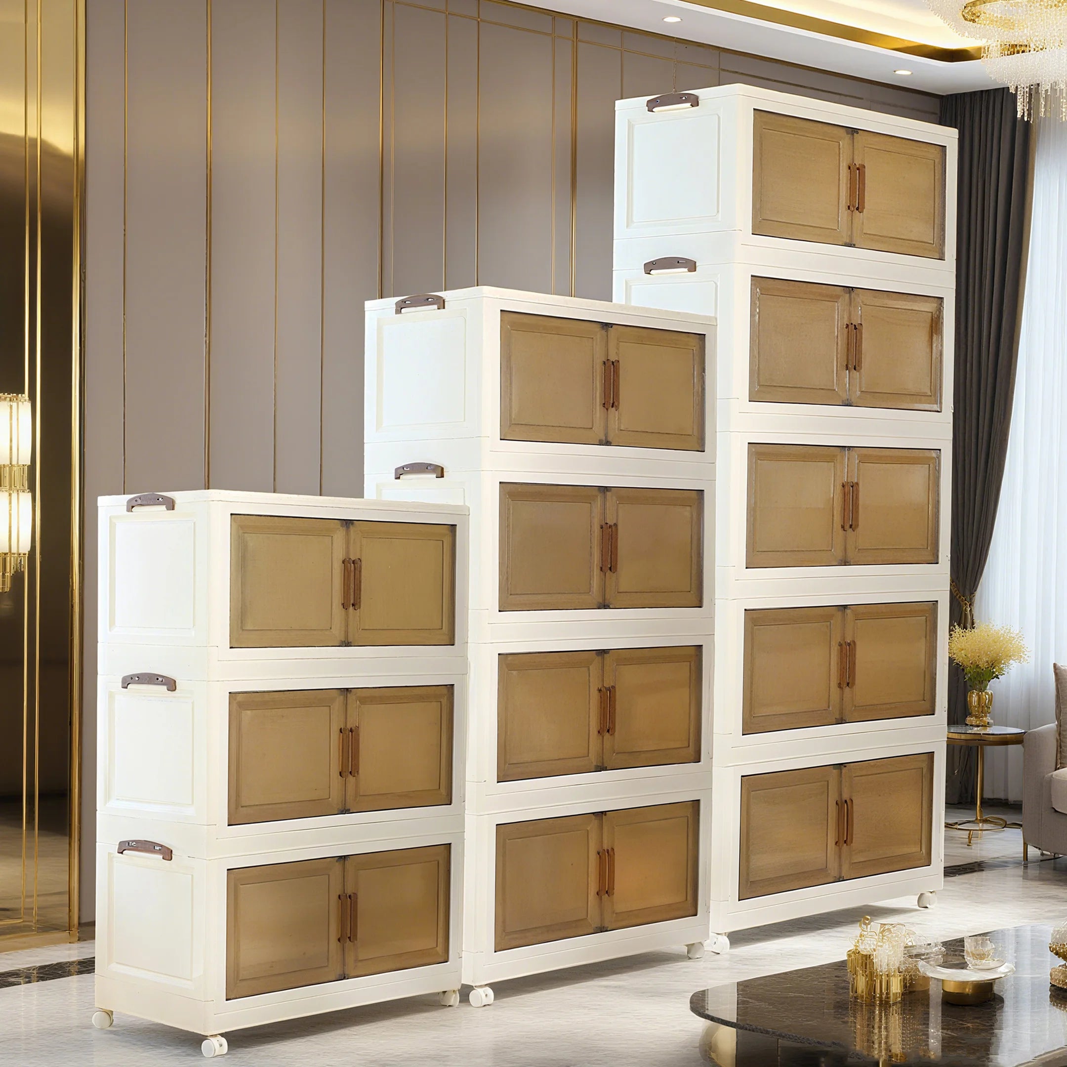 1/5 layer folding storage cabinet, transparent magnetic door + universal wheels + stackable design, hand-assembled.