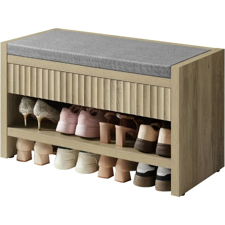 Fluted Shoe Bench with 2 Drawers Heavy Duty Entryway Storage Stool with Soft Linen Seat Cushion Shoe Rack Organizer with Shelf